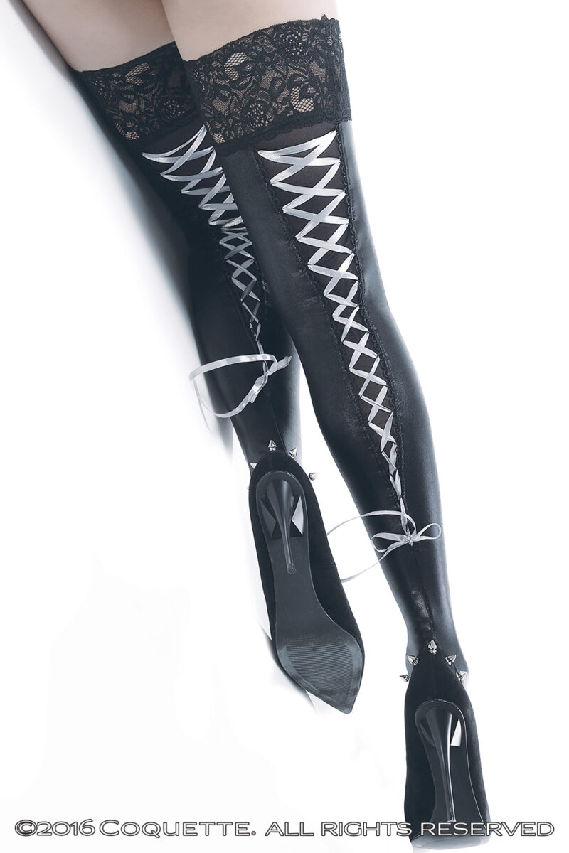 Wet Look Stay Up Lace Top Corset Back Stocking