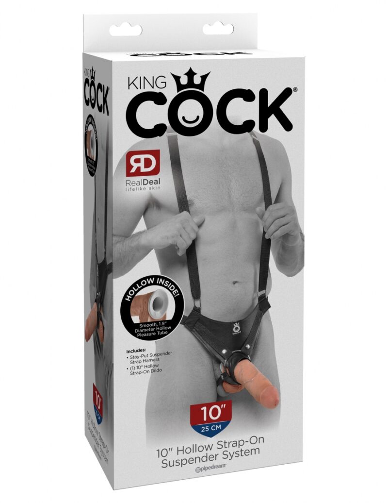 King Cock 10" Hollow Strap On Suspender System - Flesh