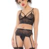 Longline Wetlook & Flame Bra, Garter Belt & G-String Set