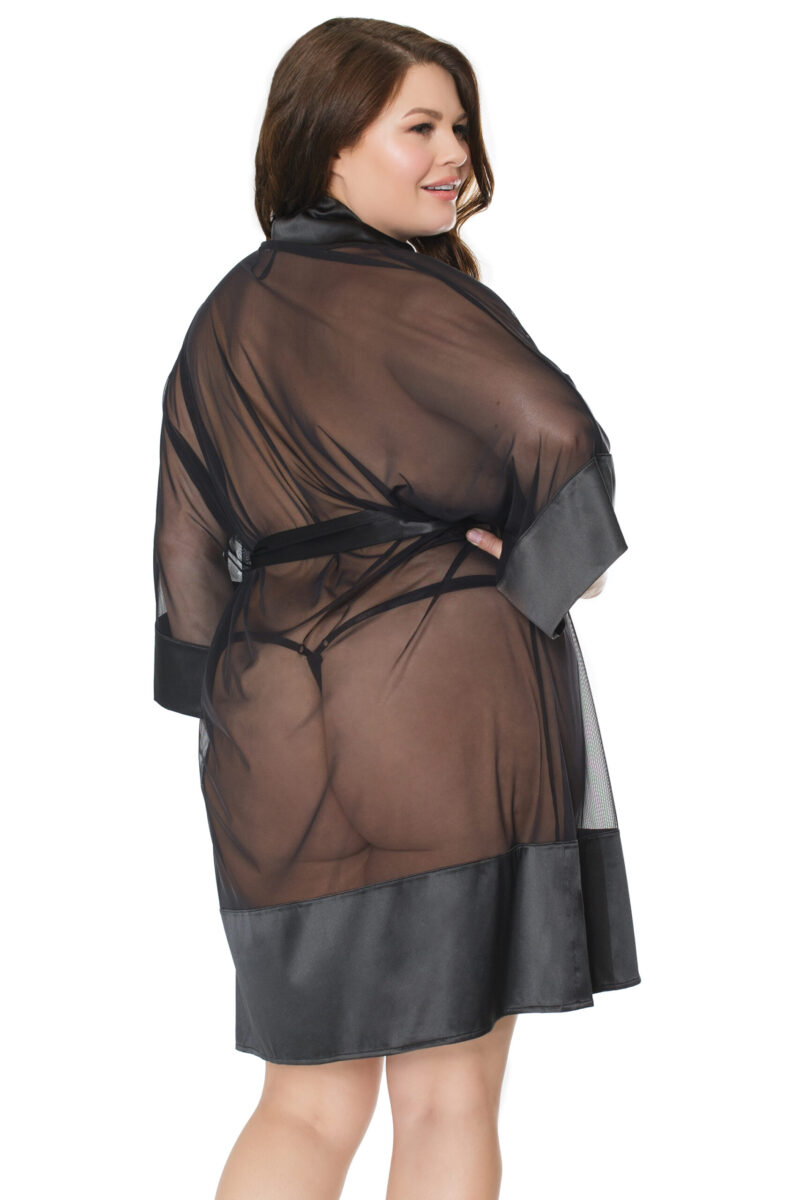 Black Satin & Stretch Mesh Kimono