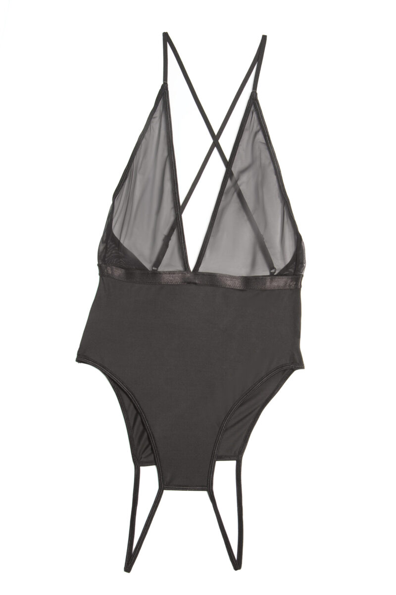 Deep V Black Mesh Crotchless Teddy