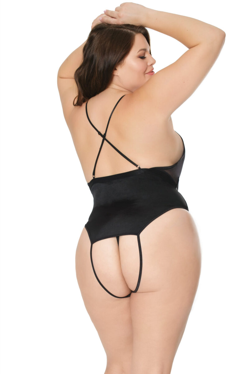 Deep V Black Mesh Crotchless Teddy