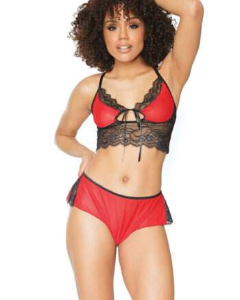 Red Mesh & Black Lace Bralette & Wide Leg Booty Shorts