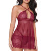 Merlot Lace Roses Babydoll & Thong