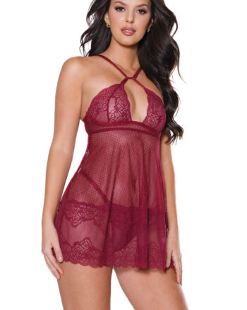 Merlot Lace Roses Babydoll & Thong