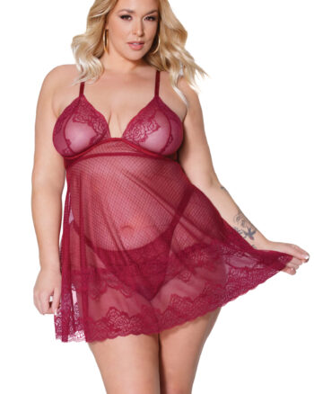 Merlot Lace Roses Babydoll & Thong
