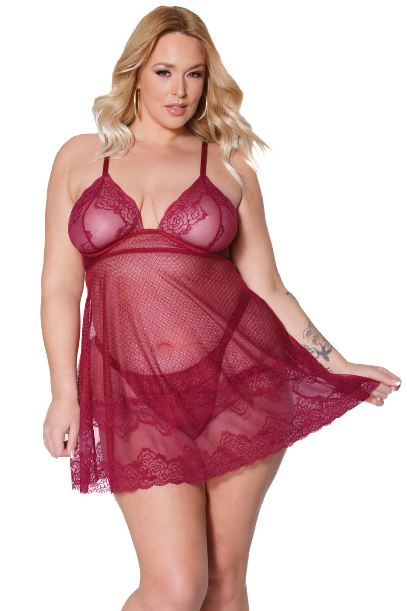 Merlot Lace Roses Babydoll & Thong