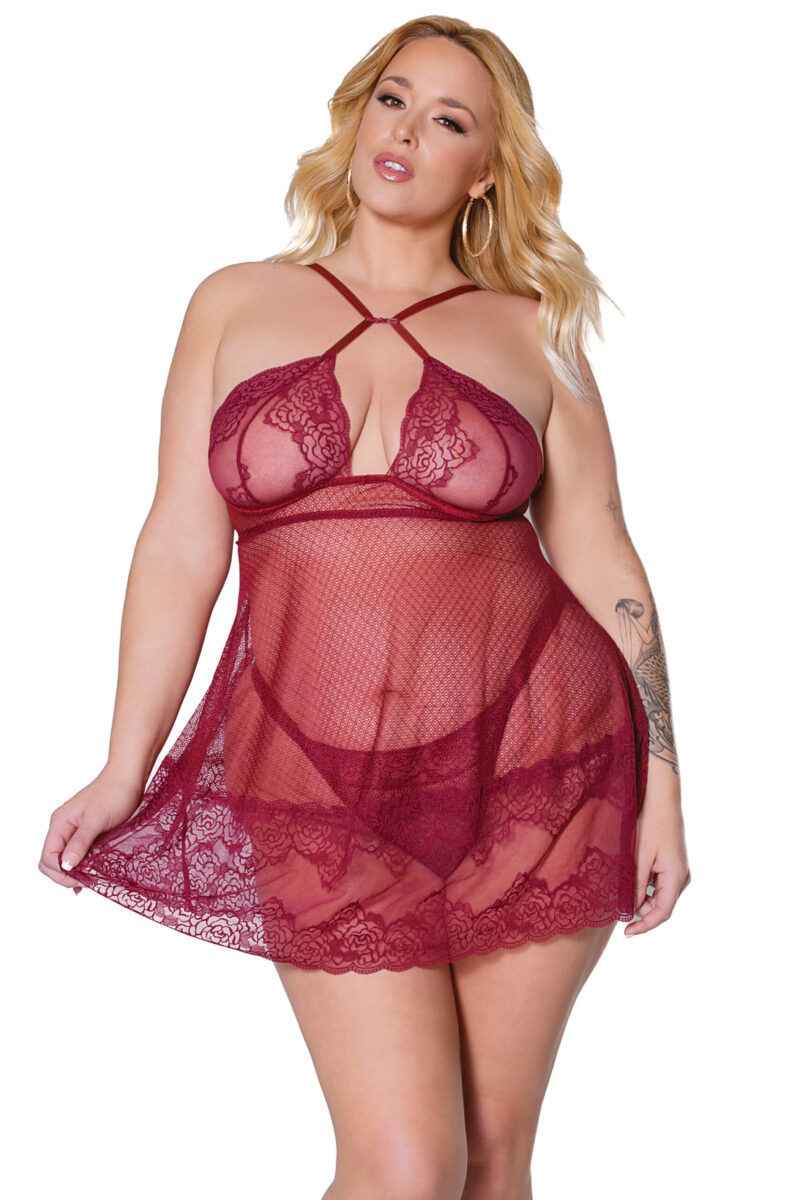 Merlot Lace Roses Babydoll & Thong