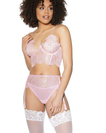 Pink Lace Bra, Garter & Adjustable Thong Set