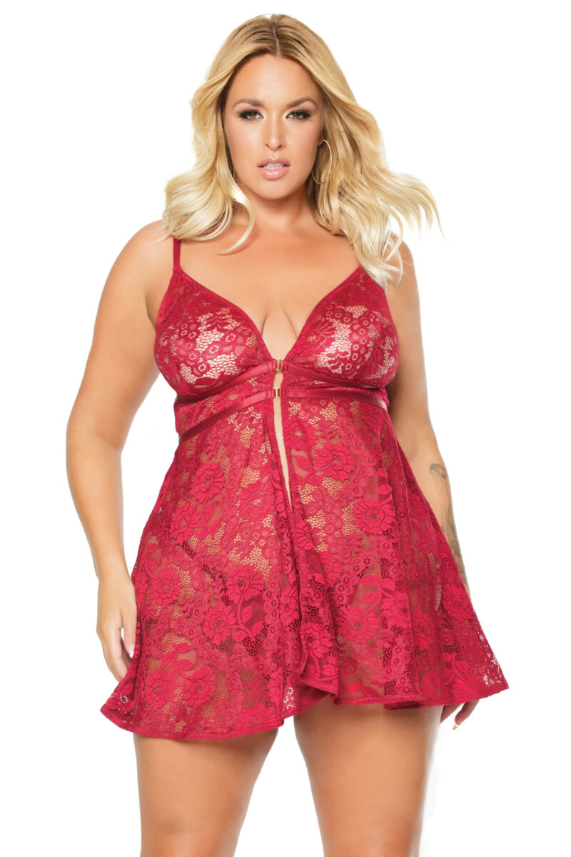 Deep Red Floral Lace Babydoll & Matching Thong