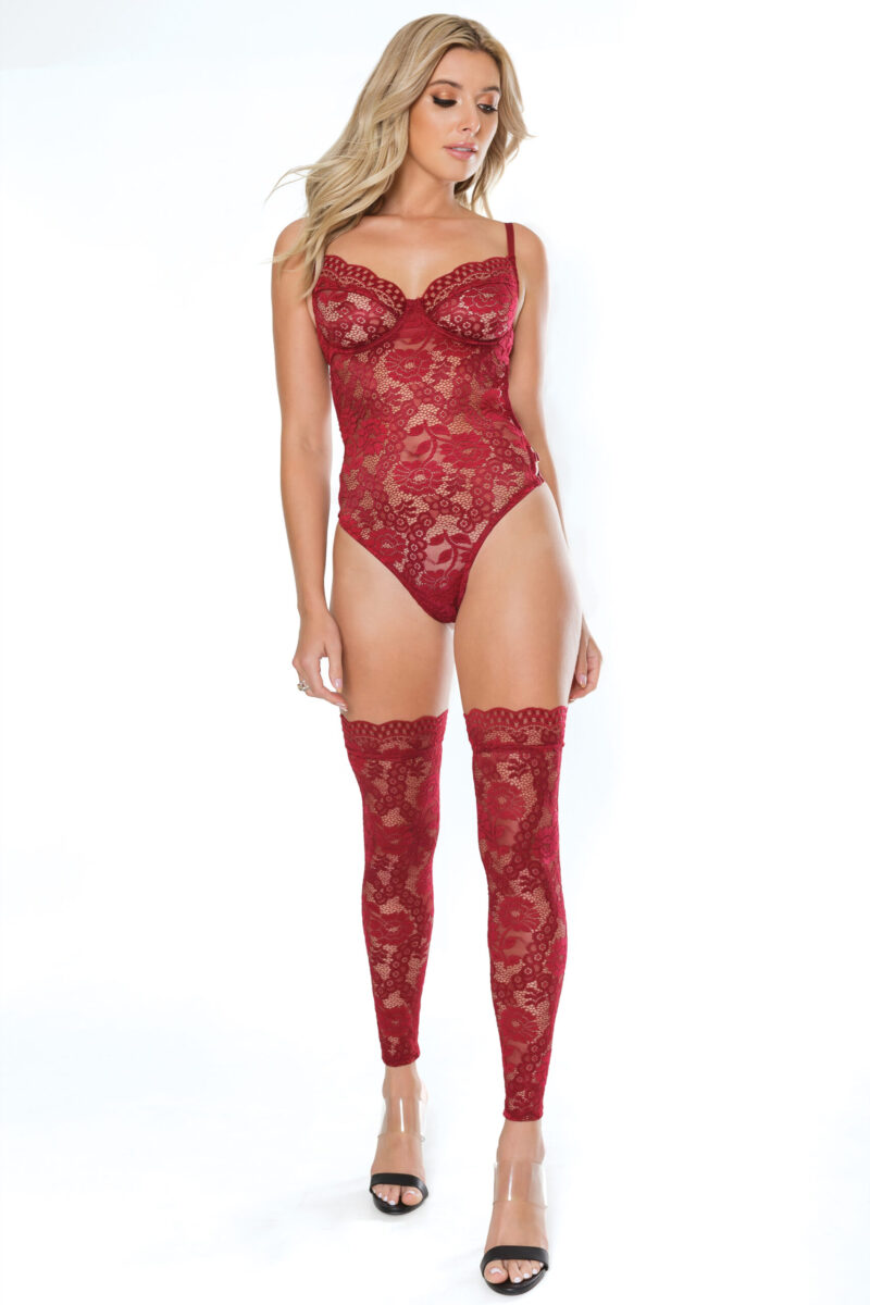 Deep Red Floral Lace Teddy With Adjustable Strappy Back