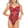 Deep Red Floral Lace Teddy With Adjustable Strappy Back