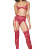 Deep Red Floral Lace Demi Cup Bra, Garter Belt, & Thong