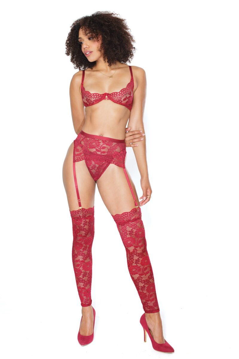 Deep Red Floral Lace Demi Cup Bra, Garter Belt, & Thong