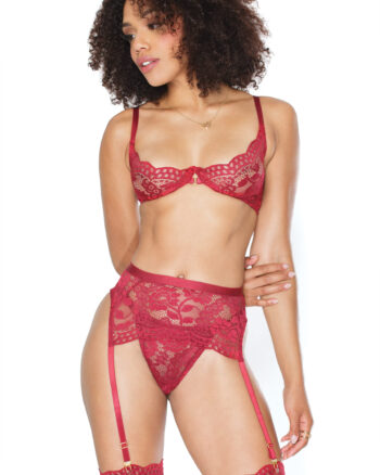 Deep Red Floral Lace Demi Cup Bra, Garter Belt, & Thong 