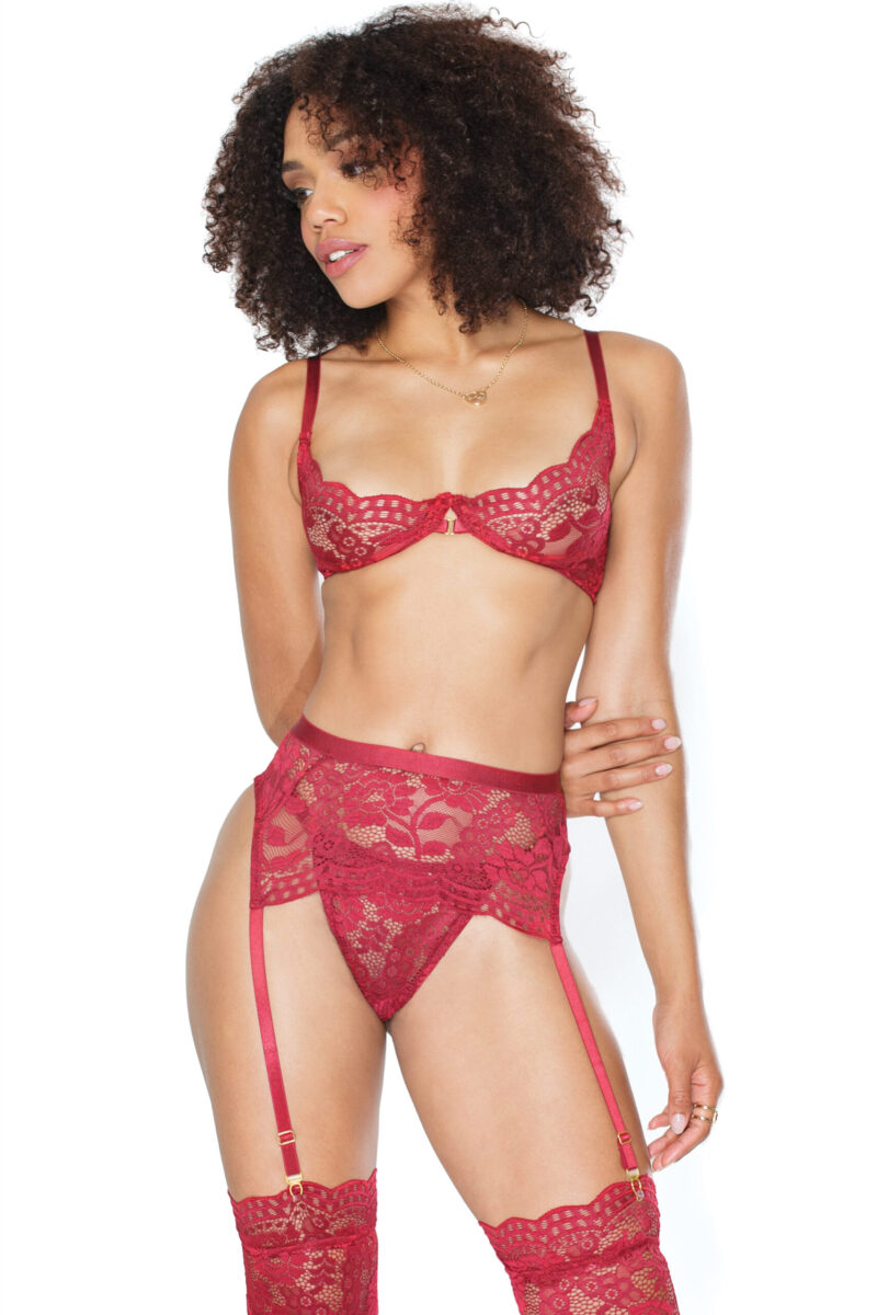 Deep Red Floral Lace Demi Cup Bra, Garter Belt, & Thong