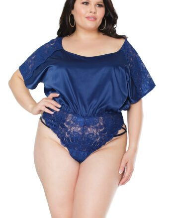 Navy Blue Satin & Lace Romper