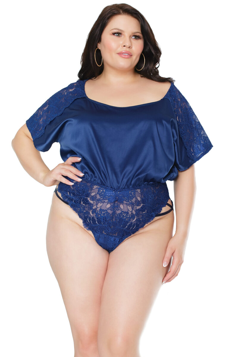 Navy Blue Satin & Lace Romper