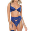 Navy Blue Satin Demi Cup Bra, Garter Belt, & Thong