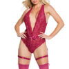 Raspberry Floral Lace Deep V Crotchless Teddy