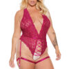 Raspberry Floral Lace Deep V Crotchless Teddy