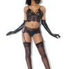Wet Look Lined Black Lace Bra, Garter & Panty Set