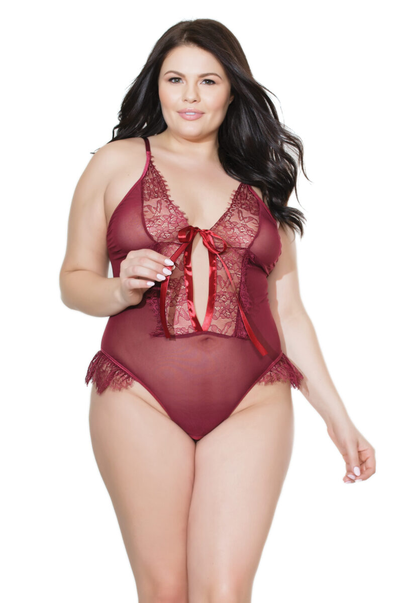 Frilly Merlot Crotchless Teddy