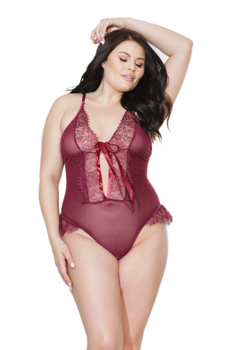 Frilly Merlot Crotchless Teddy