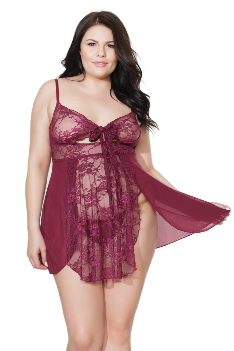 Lace Merlot Tie-Front Babydoll & G-String