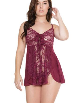 Lace Merlot Tie-Front Babydoll & G-String