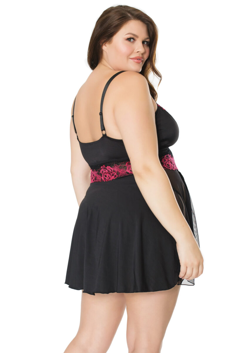 Floral Embroidered Black Stretch Babydoll