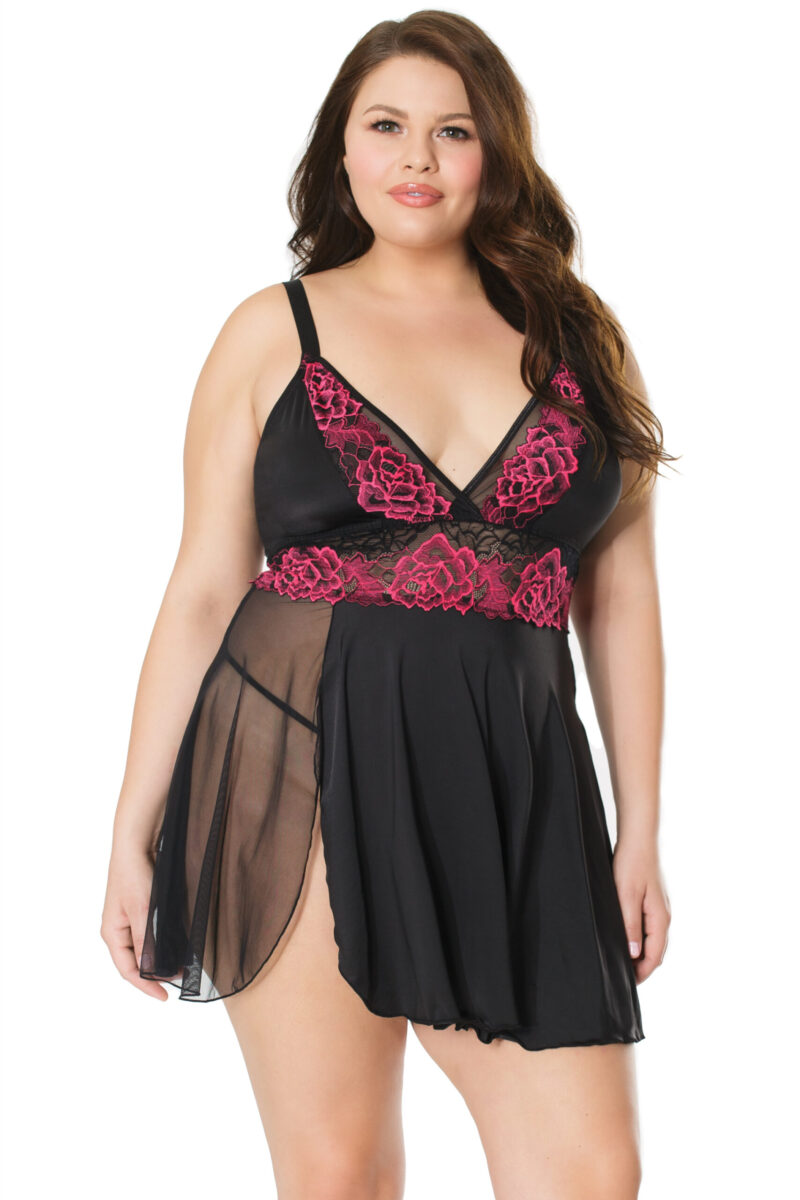 Floral Embroidered Black Stretch Babydoll