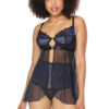 Blue & Black Front Close Babydoll With High Waisted Thong