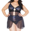 Blue & Black Front Close Babydoll With High Waisted Thong