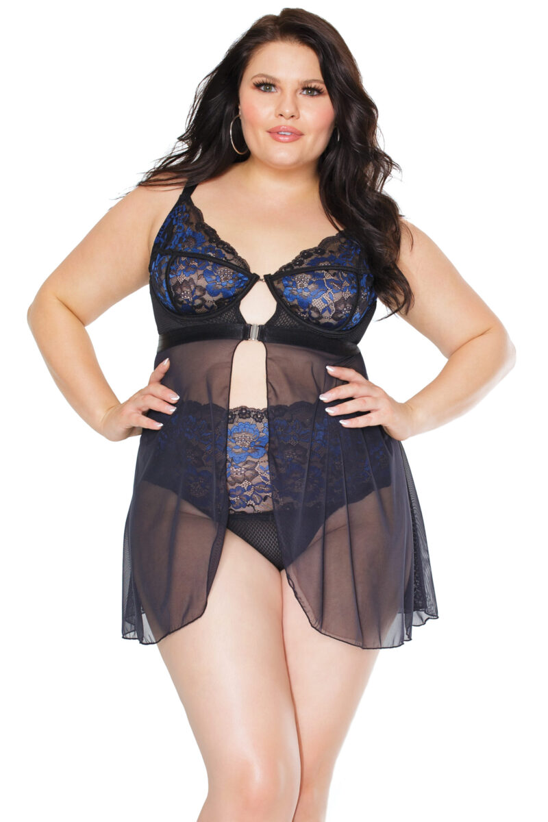 Blue & Black Front Close Babydoll With High Waisted Thong