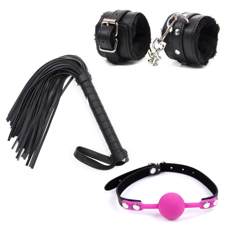 Master Cuffs + Pleasure Me Flogger + Ball Gag Combo Kit