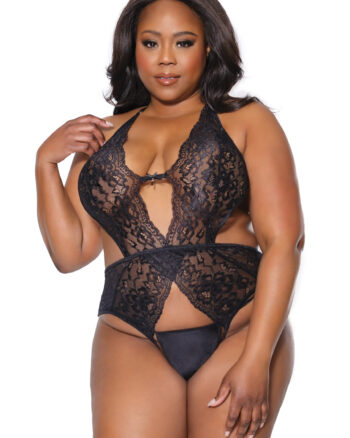 Black Lace Keyhole Open Crotch Teddy
