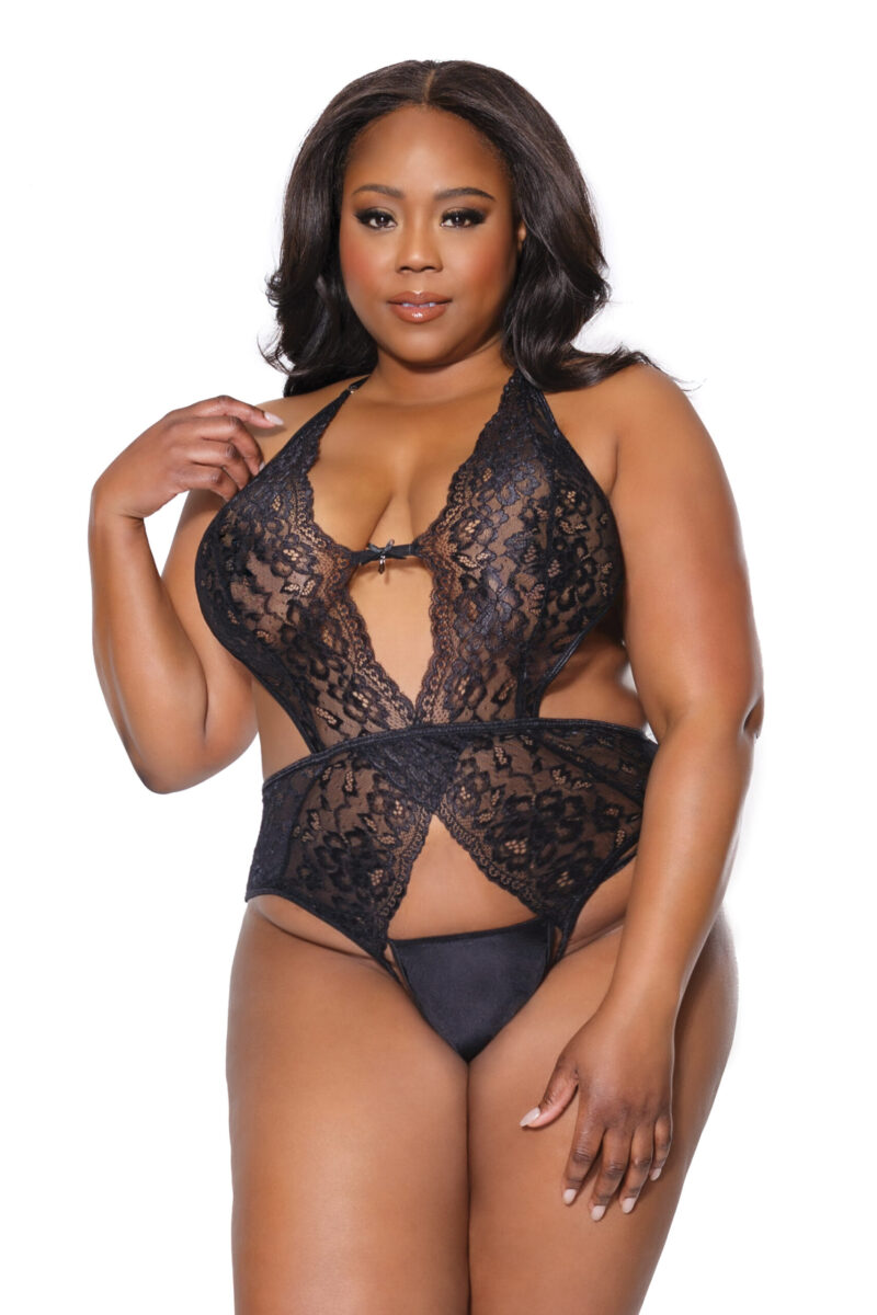 Black Lace Keyhole Open Crotch Teddy