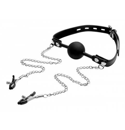 Strict - Silicone Ball Gag with Nipple Clamps