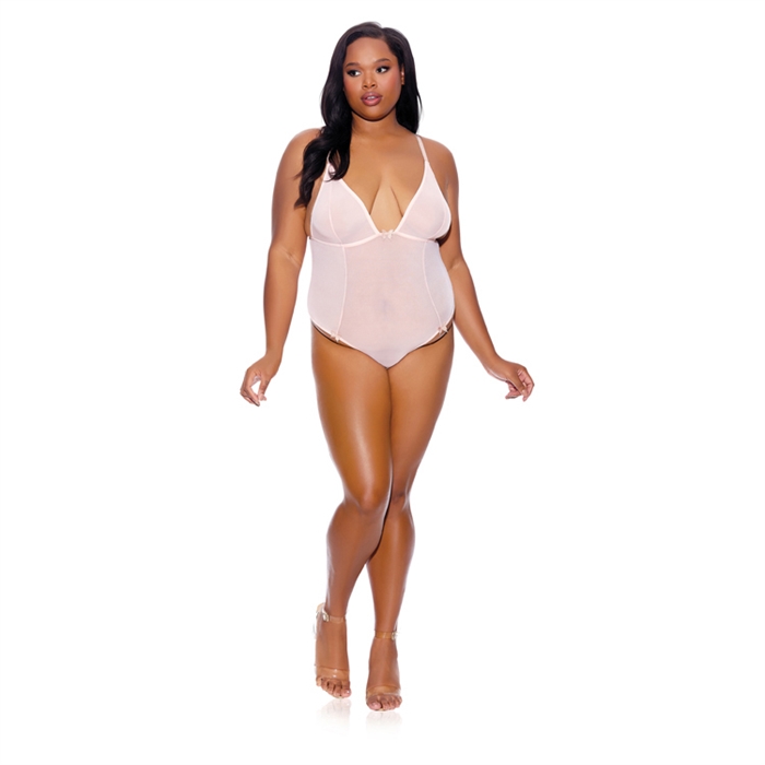 Barely Bare - Plus Size Crotchless Peach Sheer Teddy
