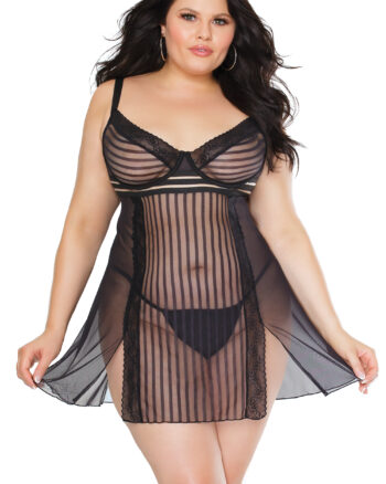 Striped Mesh Babydoll & G-String
