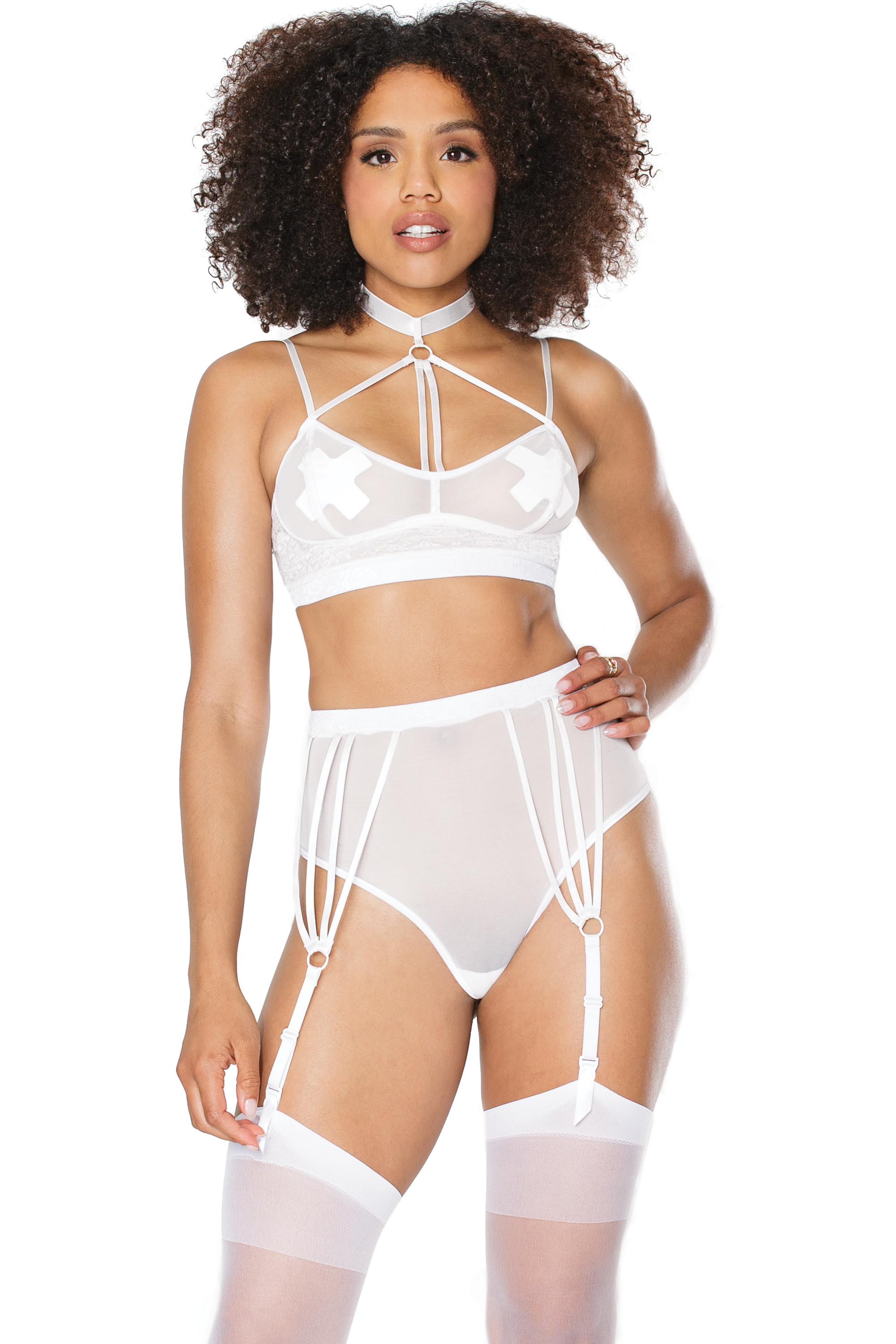Sheer White Choker Bra & Garter Panty