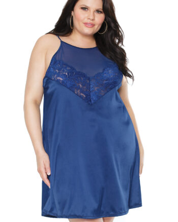 Navy Blue Satin & Lace Chemise