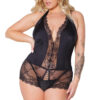 Satin & Eyelash Lace Halter Teddy