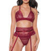 Merlot Lace Roses Bra, Garter & G-String Set