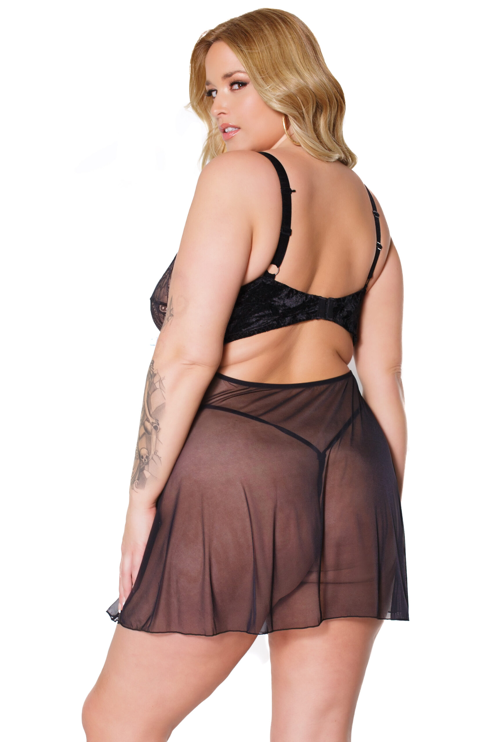 Plus Size Velvet & Peacock Lace Babydoll & G-String