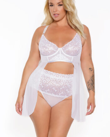 White Lace & Mesh Babydoll & High-Waisted Thong