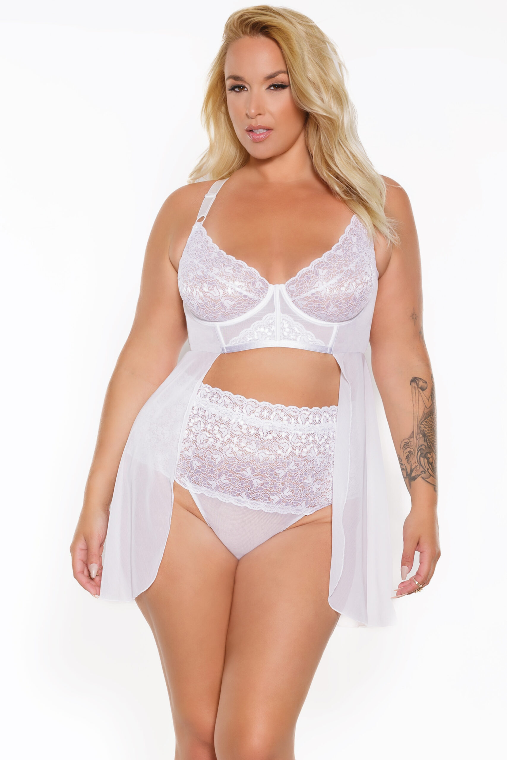 White Lace & Mesh Babydoll & High-Waisted Thong