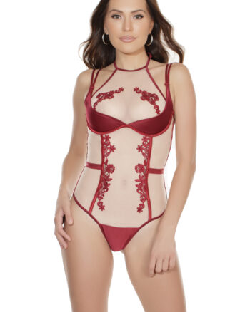 Nude Merlot Satin See-Through Teddy