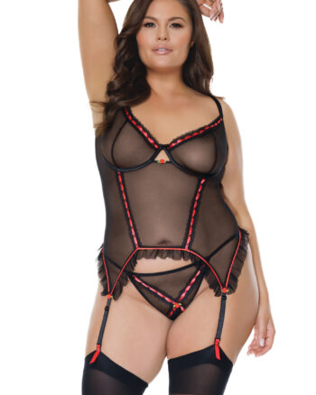 Red Rose Black Mesh Bustier & G-String Set